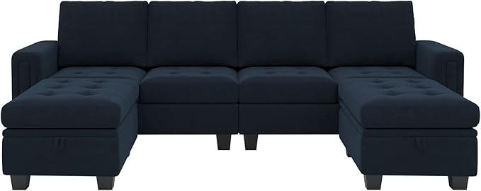 Belffin Velvet U Shaped Sectional Sofa Couch with Storage Ottoman Convertibel Sectional Sofa with Reversible Chaises Blue