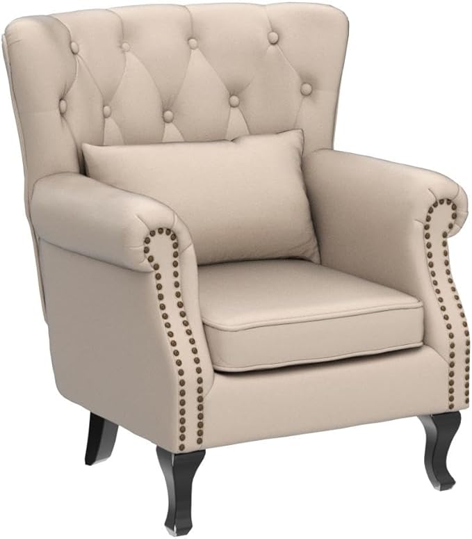 Mid Century Modern Accent Chair Upholstered Armchair Comfy Linen Fabric Single Sofa with Tufted Wingback for Small Spaces Bedroom Living Room Beige