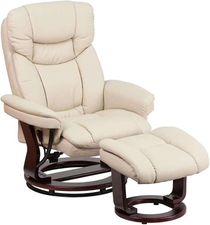 BOWERY HILL Contemporary Leather Swivel Recliner and Ottoman Beige LeatherSoft Upholstery Mahogany Wood Base Plush Foam Padding Adjustable Recline Living Room or Bedroom Chair Set