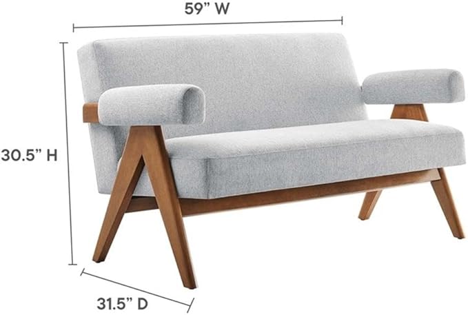Pemberly Row Upholstered Loveseat Heathered Fabric in Light Gray 30.5 H x 59 W x 31.5 D Rubberwood Legs Dense Foam Padding Ergonomic Design Modern Style Seating for Living Room or Bedroom