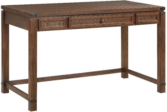 Pemberly Row Sit-to-Stand Lift Desk Brushed Walnut Brown Finish Solid Wood and Veneer 48 W x 24 D x 30.25 H Adjustable Height Classic Wire Brushed Texture Full Post Construction Home Office