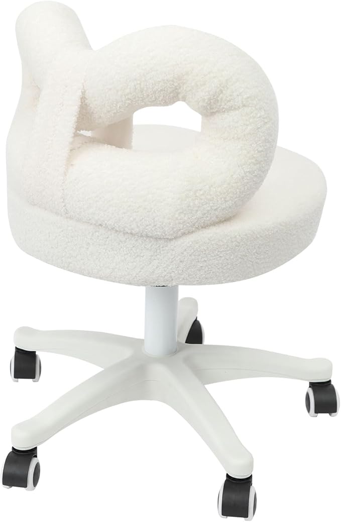 Vanity Chair with Cute Bow Backrest Adjustable Height Bedroom Vanity Stool Roller Chair with 5 Wheels White Make-up Chair Armless Dressing Chair for Bedroom Living Room