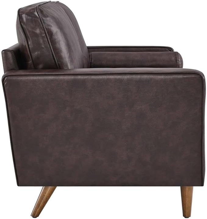 Pemberly Row Modern Leather Loveseat Dense Foam Padding Brown Finish Top Grain Upholstery 61.5 W x 32 D x 33.5 H Biscuit Tufting Walnut Stained Wood Legs Compact Living Room or Apartment