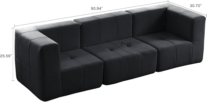 Modular Sectional Sofa Couch Modern Compressed Sofa 3-Seat Foam Couch for Living Room Apartment Studio Office (Black)