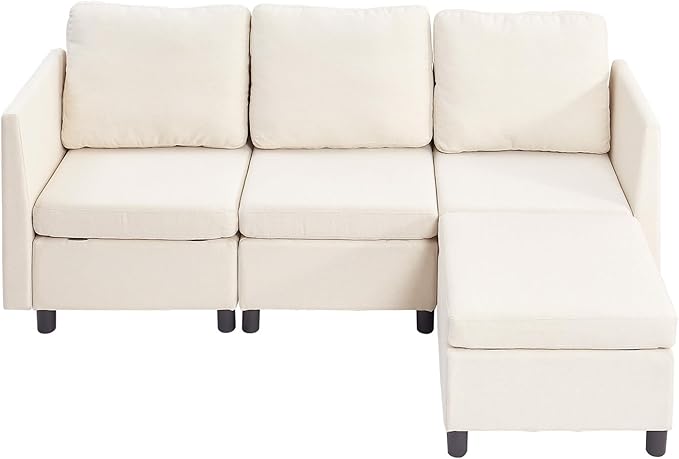 VEVOR Modular Sectional Sofa 3-Seater Modular Sofa with Hidden Storage Customizable Cloud Sectional Couch with Ottoman Solid Wood Frame Upholstered Couch for Living Room Bedroom Beige