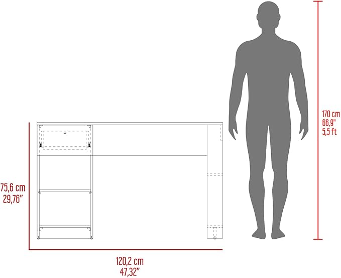120-Home 47 Wide Desk with Four Shelves and One Drawer - Writing Desk for Home Office and Living Room Black