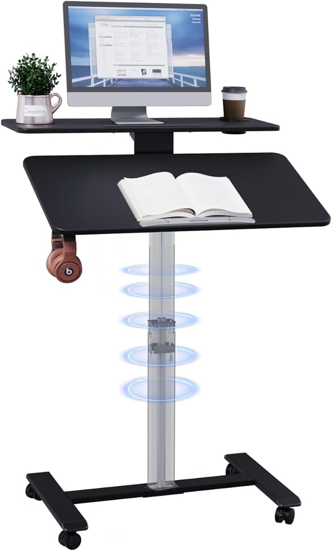 Pneumatic Standing Desk with Wheels - Adjustable Height 28 - 46 &amp 0-90° Tilt 31.5 x 17.7 Skin-Feel Desktop Rolling Computer Desk for Home Office Hospital School (Black)