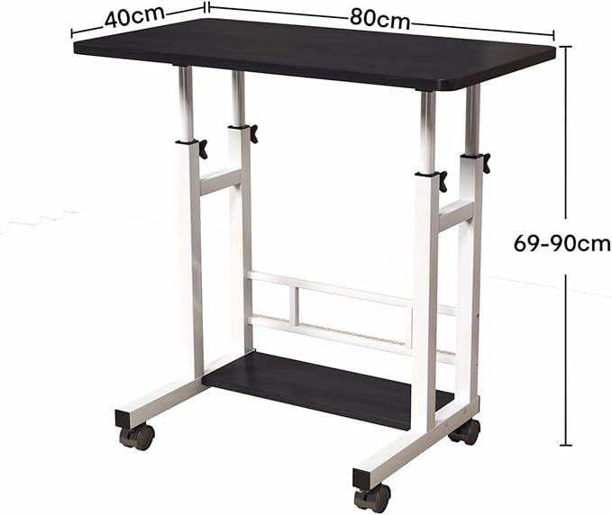 Adjustable Height Mobile Computer Desk – Portable Rolling Workstation with Wheels and Lockable Casters – Take a seat Stand Tabletop Storage Basket Treadmill Compatible
