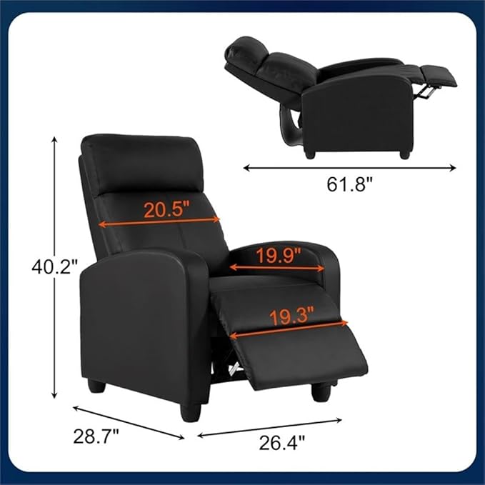 BOWERY HILL Modern Faux Leather Massage Recliner Chair Black Finish 8 Massage Functions Soft Padded Seat and Back Manual Push Back Comfortable Relaxation Living Room Seating Steel Frame