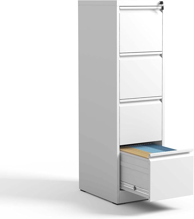 4 Drawer Small Metal Vertical File Cabinet with Lock Under Desk Locking Drawers Storage Cabinet Organizer for Home Office Filing Cabinets for A4 Legal/Letter SizWhite