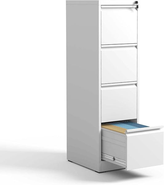 4 Drawer Small Metal Vertical File Cabinet with LockUnder Desk Storage OrganizerFiling Cabinets for HomeOffice Locking Drawers for A4 Legal/Letter SizeWhite