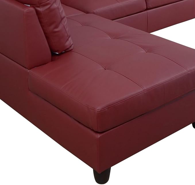 Red L-Shaped 3-Piece Faux Leather Sofa with Storage Ottoman Set Sectional Couch Leather-Like Sofa Set for Living Room Office Small Space