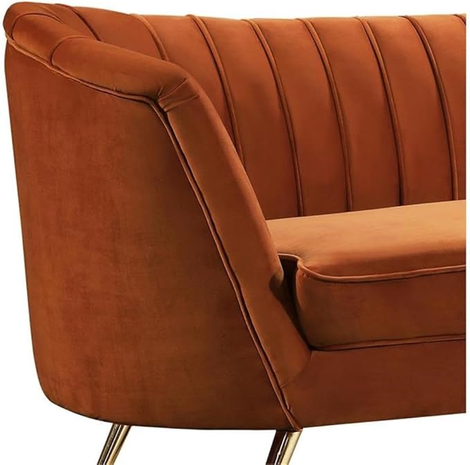 Meridian Furniture Margo Collection Modern | Contemporary Velvet Upholstered Loveseat with Deep Channel Tufting and Rich Gold Stainless Steel Legs Cognac 65 W x 30 D x 33 H