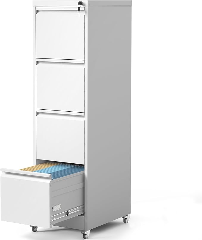 4 Drawer File Cabinet with Wheels Metal Filing Cabinet with Lock and Wheels Rolling Filing Storage Home Office Vertical File Cabinets for Hanging Legal/Letter Size Files Assembly Required White