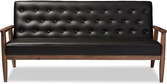 Baxton Studio Sorrento Mid-Century Retro Modern Faux Leather Upholstered Wooden 3-Seater Sofa Black
