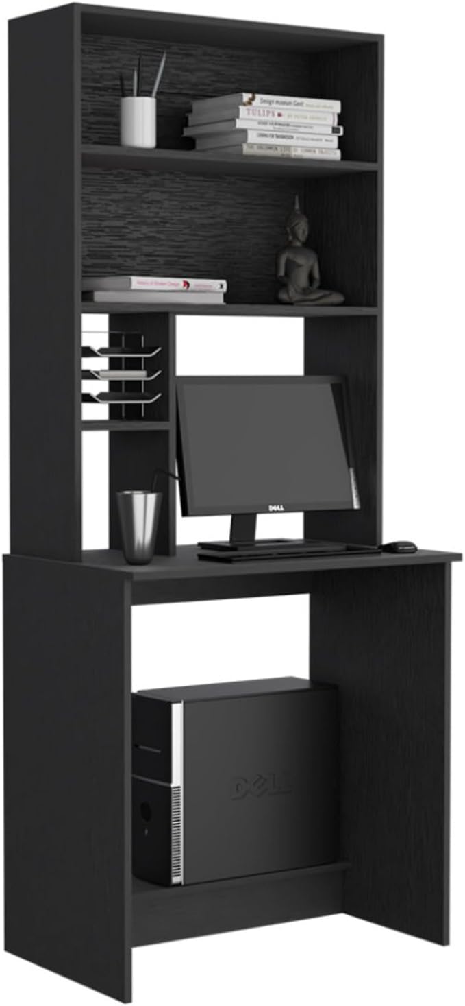 Hassyee Freestanding Home Office Desk Computer Desk with CPU Stand and 4 Open Storage Shelves for Small Space Modern Laptop Desk Writing Study Desk with Hutch for Dorm Bedroom