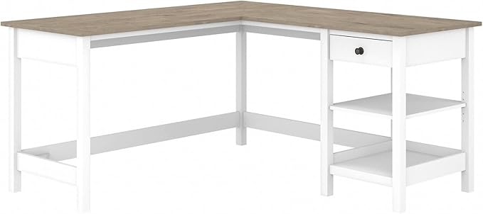 Bush Furniture Mayfield 60W L Shaped Computer Desk with Storage in Pure White and Shiplap Gray Table for Home Office Workspace