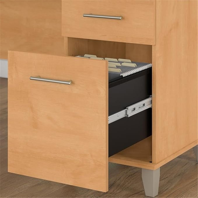 Pemberly Row Contemporary 60W L Shaped Desk with Hutch Maple Cross Finish Thermally Fused Laminate Pull-Out Keyboard Tray Storage Cabinet File Drawer Modern Office Desk for Home Workstation Use