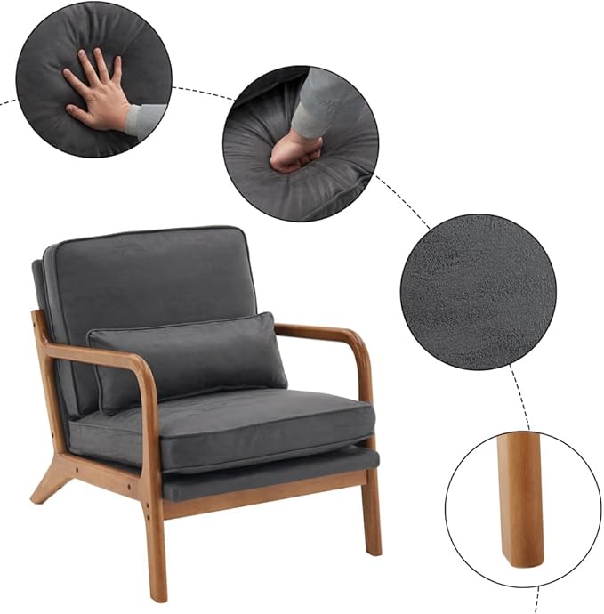 Mid Century Modern Accent Chairs Single Linen Lounge Reading Armchair with Solid Wood Frame Easy Assembly Arm Chairs for Living Room-Dark Grey