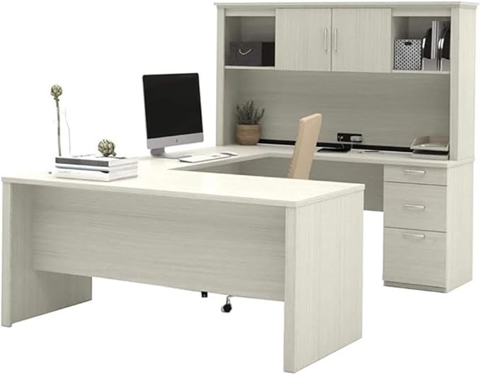 Atlin Designs 66 W x 95.5 D Modern Contemporary U-Shaped Wood Computer Desk with Hutch for Home Office Fully Reversible Unit in White &amp Chocolate Finish