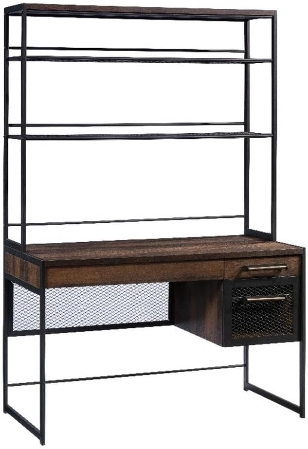 Pemberly Row Engineered Wood Computer Desk with Hutch Barrel Oak Finish 72 in H x 48 in W x 23 in D Adjustable Shelves Keyboard Tray File Drawer Industrial Home Office Desk