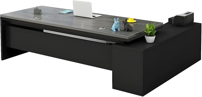 LITFAD Modern L-Shape Office Desk with Wood Base Executive Desks Boss Table Computer Desk Home Office Furniture with Drawers and Storage Shelves - Without Chairs 63 L x 23.6 W x 29.5 H Gray