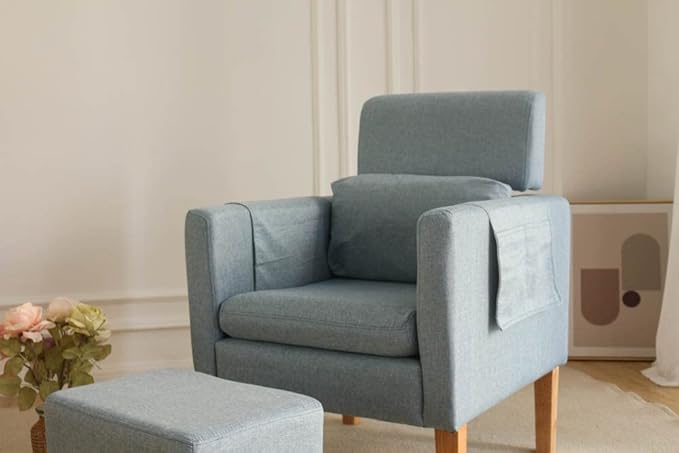 TAKUKA Modern Accent Chair with Ottoman SetComfy Fabric Armchair with Footrest Upholstered Chair with Side Pocket Soft Reading Lounge Chair for Living RoomBedroomOffice (Water Blue)