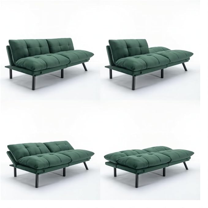 LLS 70.87 Velvet Futon Sofa Bed Modern Convertible Sleeper Sofa Couch with Adjustable Backrest and Armrests Tufted Loveseat Sofa with Metal Legs for Living Room Bedroom Apartment Emerald