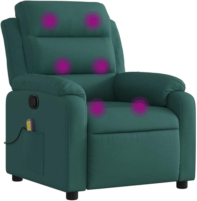vidaXL Dark Green Fabric Massage Recliner Chair - Manual Reclining Armchair with Vibration Massage Cozy Padded Seating Side Pocket