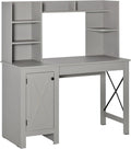 Farmhouse Computer Desk with Hutch &amp Cabinet: Light Grey Home Office Desk with Spacious Storage