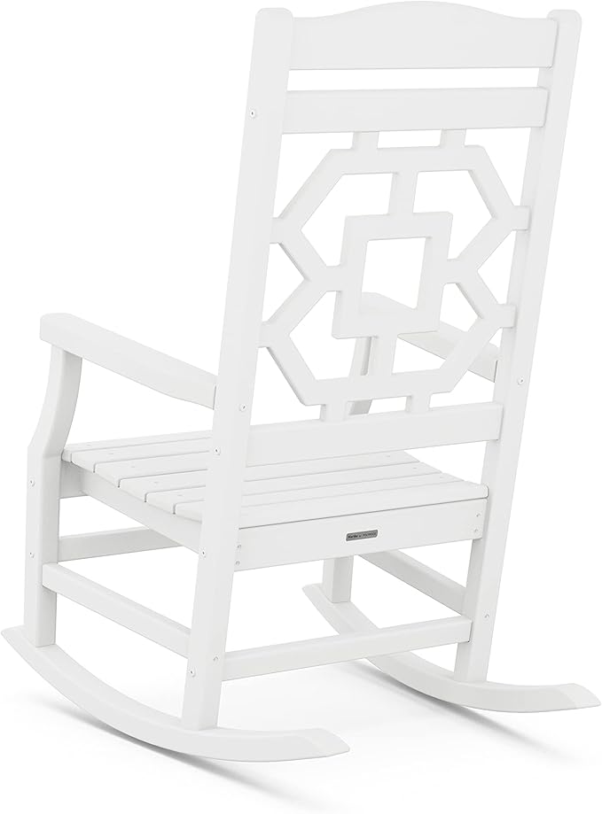Martha Stewart by POLYWOOD Chinoiserie Outdoor Rocking Chair White Durable HDPE All-Weather Patio Furniture with Decorative Lattice Classic Porch Rocker for Deck Garden &amp Backyard Made in the