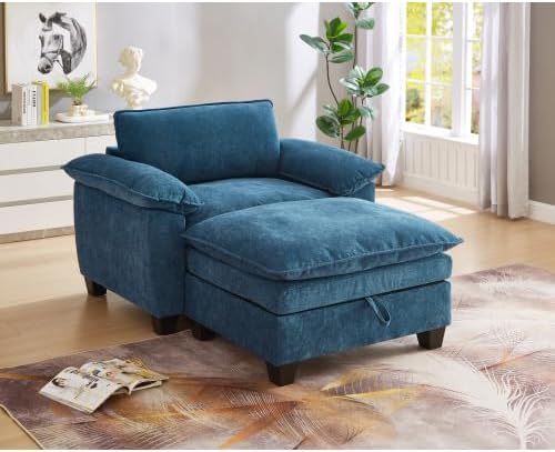 51-Inch Wide Oversized Chenille Recliner Sofa Ottoman with Storage - Upholstered Lounge Chair (Blue)