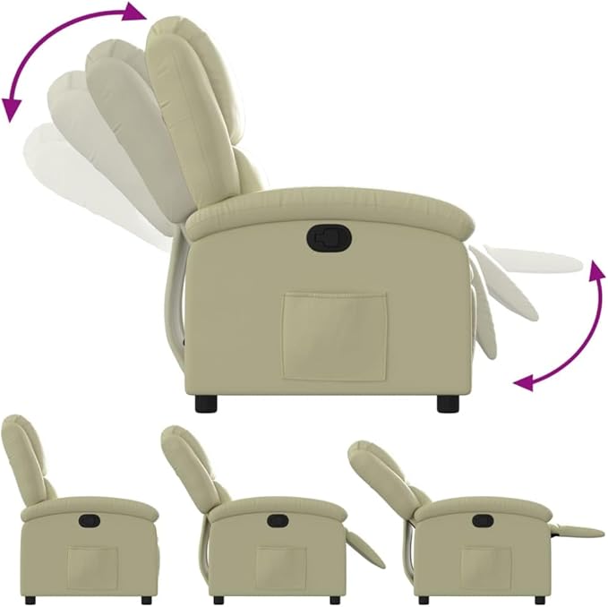 vidaXL Recliner Chair - Cream Real Leather Lounger - Manual Reclining with Solid Wood &amp Metal Frame Padded Armrests Side Pocket 242.5 lb Load Capacity - Living Room/Office