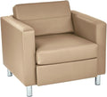 Pemberly Row Contemporary Armchair Dillon Buff Cream Vinyl Fabric Silver Finish Metal Legs 32 W x 30.5 D x 29.5 H Box Spring Seat Ergonomic Design Stylish Guest Room or Living Space Chair