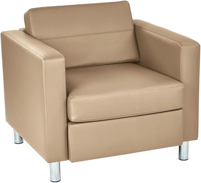 Pemberly Row Contemporary Armchair Dillon Buff Cream Vinyl Fabric Silver Finish Metal Legs 32 W x 30.5 D x 29.5 H Box Spring Seat Ergonomic Design Stylish Guest Room or Living Space Chair