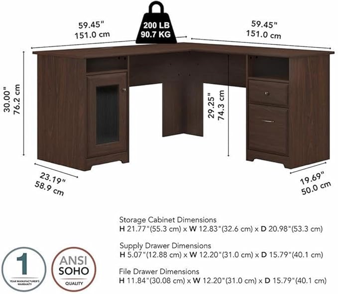 BOWERY HILL 60W L Shaped Computer Desk Modern Walnut Finish Engineered Wood Built-in USB Hub Storage Cabinet with Fluted Glass Door File Drawer Home Office Desk for Efficient Workspace