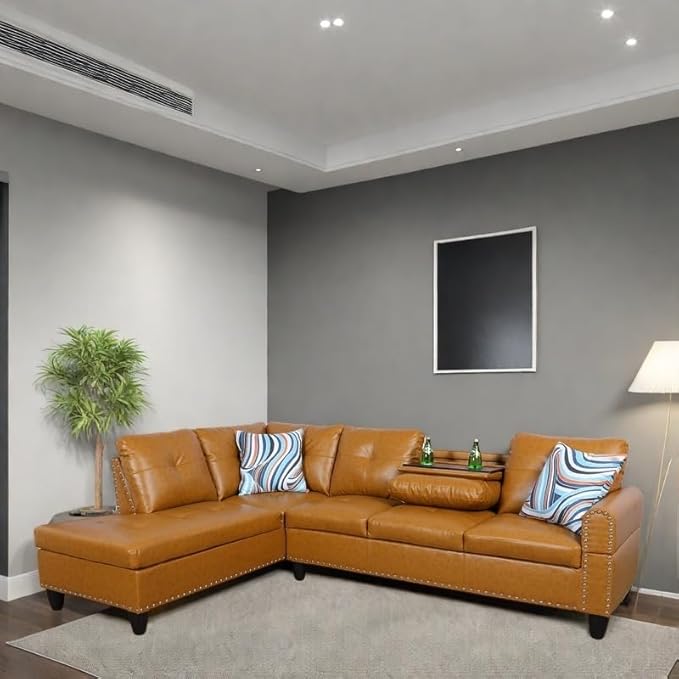 FONTOI Leather Sectional Couch Sofa 4-Seat L-Shaped Sectional Sofa with Cup Holders &amp Nail-Head Trim – Modern PU Leather Living Room Couch for Apartment Bedroom Ginger