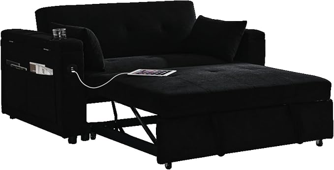 Convertible Sleeper Sofa Bed Pull-Out Recliner Couch with Adjustable Backrest Storage Armrests Side Pockets Cup Holders USB Charging Ports Chenille Loveseat for Living Room Use (Black)