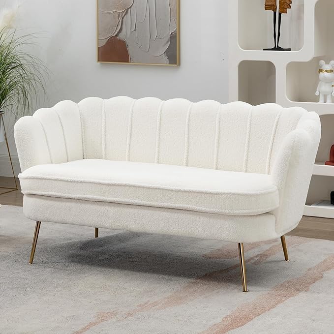 59 Wide Loveseat Sofa Boucle Upholstered Small Couch with Petal-Shaped Design Modern Leisure Sofa with Gold Metal Legs Mini Room Couch for Bedroom Apartment (Ivory-Boucle)