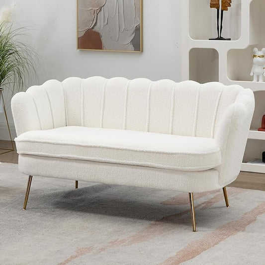 59 Wide Loveseat Sofa Boucle Upholstered Small Couch with Petal-Shaped Design Modern Leisure Sofa with Gold Metal Legs Mini Room Couch for Bedroom Apartment (Ivory-Boucle)
