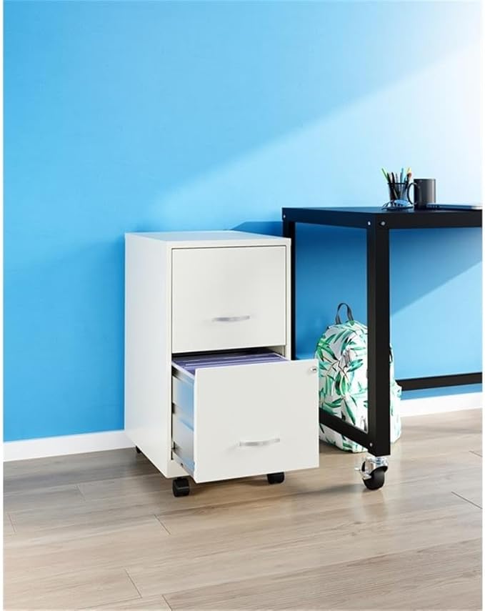 Pemberly Row 2-Drawer Mobile Vertical Filing Cabinet 18in Metal Pearl White Finish Lockable Storage Letter-Size File Drawer Smooth Glide Suspension Compact Office Furniture with Casters