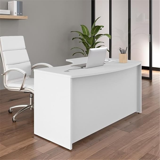 Pemberly Row 60W x 43D Left Hand L-Bow Desk Shell Engineered Wood White Finish Durable Office Desk with Cable Management and Modesty Panel Professional Workstation for Home or Office Use