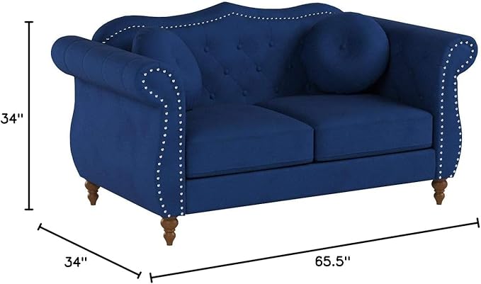 Anna1 Chesterfield Velvet Couches for Living Room Button Tufted Luxury Upholstery with Rolled Arms High-Density Foam Durable Wood Frame 65.5 Loveseat Blue De France