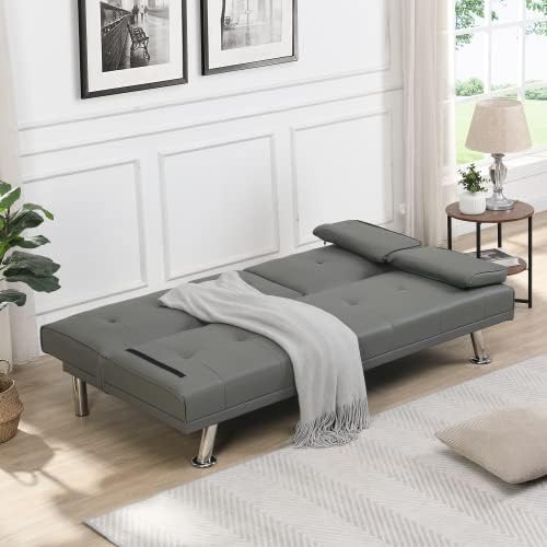 Futon Sofa Bed Modern Folding Couch for Small Space Faux Leather Convertible Loveseat Sleeper Bed Daybed Recliner Lounge Sofas for Living Room2 Cup HoldersMetal LegsRemovable Armrests (Gray)