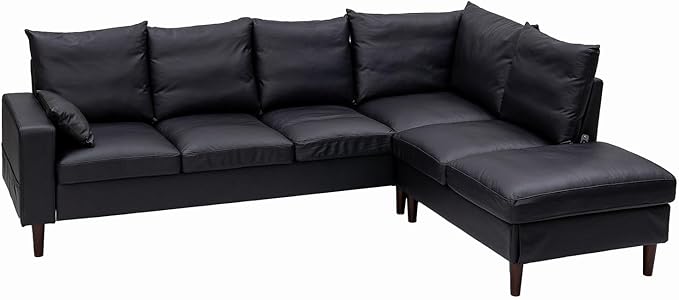 Panana 5 and 6 Seater Convertible Sectional Sofa CouchL-Shape with Universal Corner and Bulit-in USB Charging Port Chaise (Black Leather Look Fabric 6 Seater Corner with Built-in USB Port Chaise)