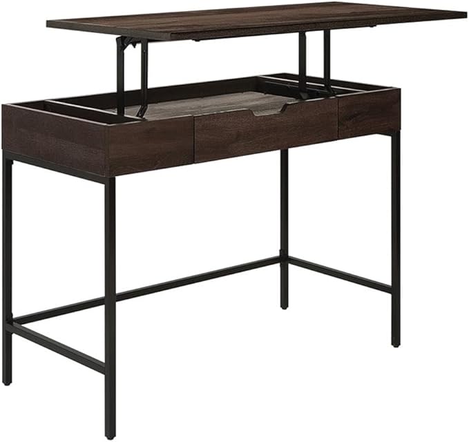 Pemberly Row Contemporary Sit-to-Stand Desk 40 W x 20 D x 31 H Ozark Ash Engineered Wood Adjustable Height Patent Pending Lift Mechanism Drawer and Storage Modern Steel Frame Home Office