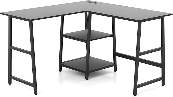 Tangkula 48” L Shaped Computer Desk Corner Study Writing Desk with Outlets &amp USB Ports Home Office Desk Computer Workstation with 2-Tier Shelf Executive Desk (Black)