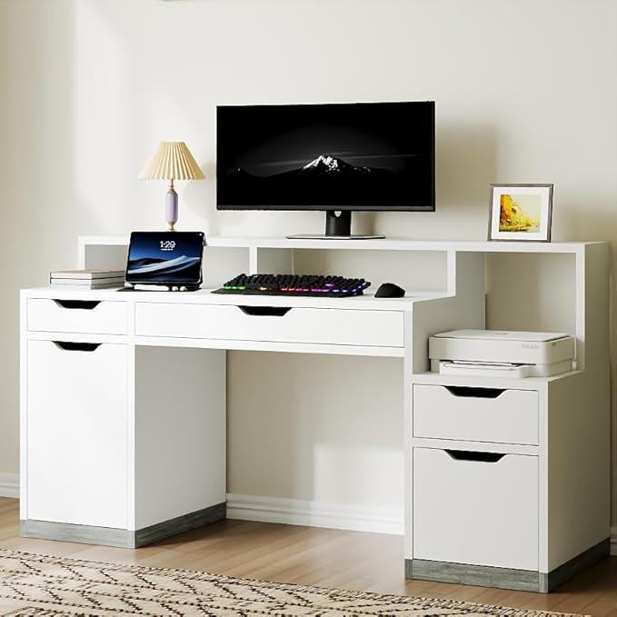 Computer Desk with 4 Drawer &amp Storage Shelves 58 White Office Desk with File Drawer &amp Cabinet Small Study Desk with Monitor Stand &amp Printer Shelf for Bedroom Small Spaces White