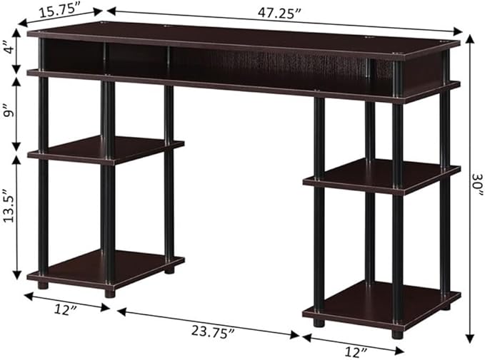 Pemberly Row No-Tools Student Desk 47.25 in x 15.75 in x 30 in Espresso Wood Finish Particleboard Shelves Stainless Steel Legs Easy Assembly Modern Style for Home Office or Dorm Use