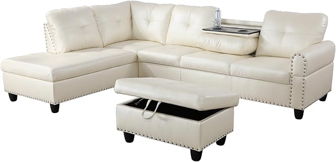 L Shaped Sectional Couch with Storage Ottoman Modern Nailhead Comfy Lounge Sofa with Reversible Cup Holder &amp Chaise 97 4 Seat Modular Sofá for Living Room Apartment Amaranth